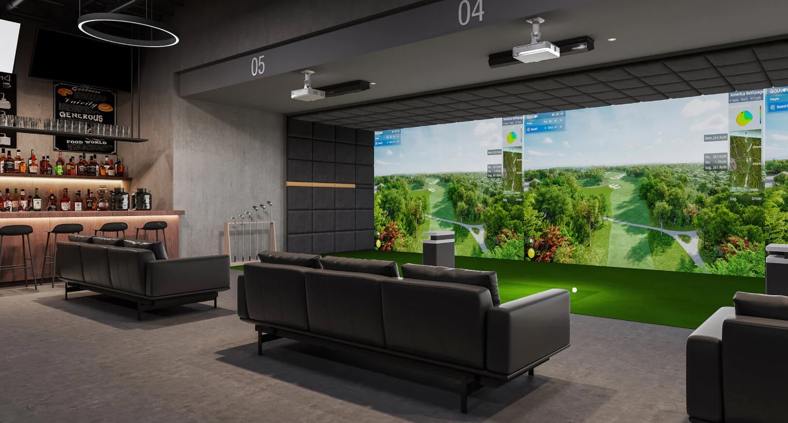 Professionele indoor golfsimulator met projectiescherm en overhead tracking