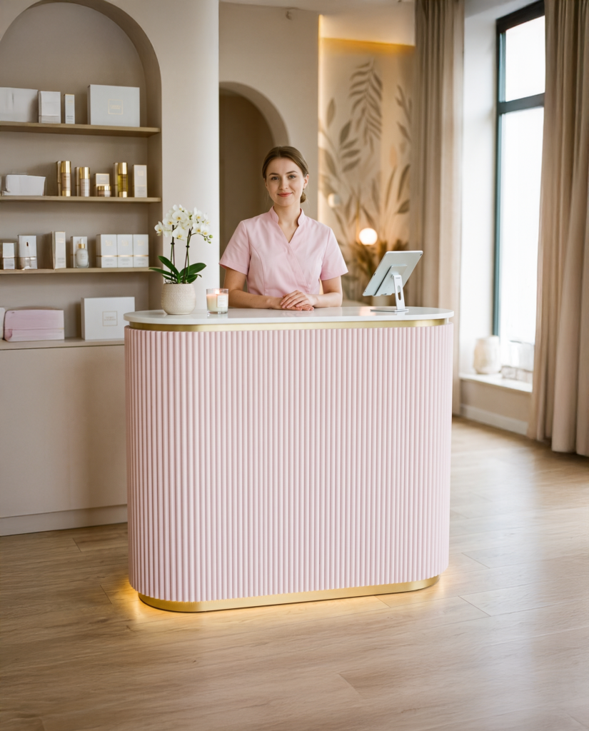 Roze Premium Oval Balie 120 in gebruik bij een ontvangstbalie