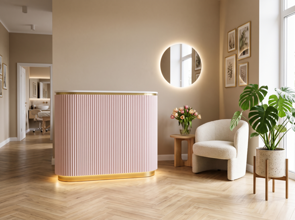 Roze Premium Oval Balie 120 in een warme ontvangstruimte